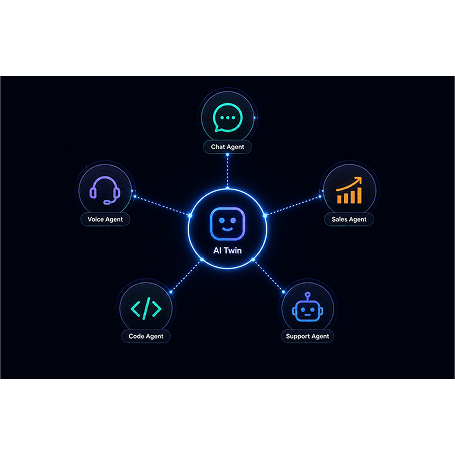 Diagram showing AI Twin connected to Chat, Sales, Support, Code, and Voice agents